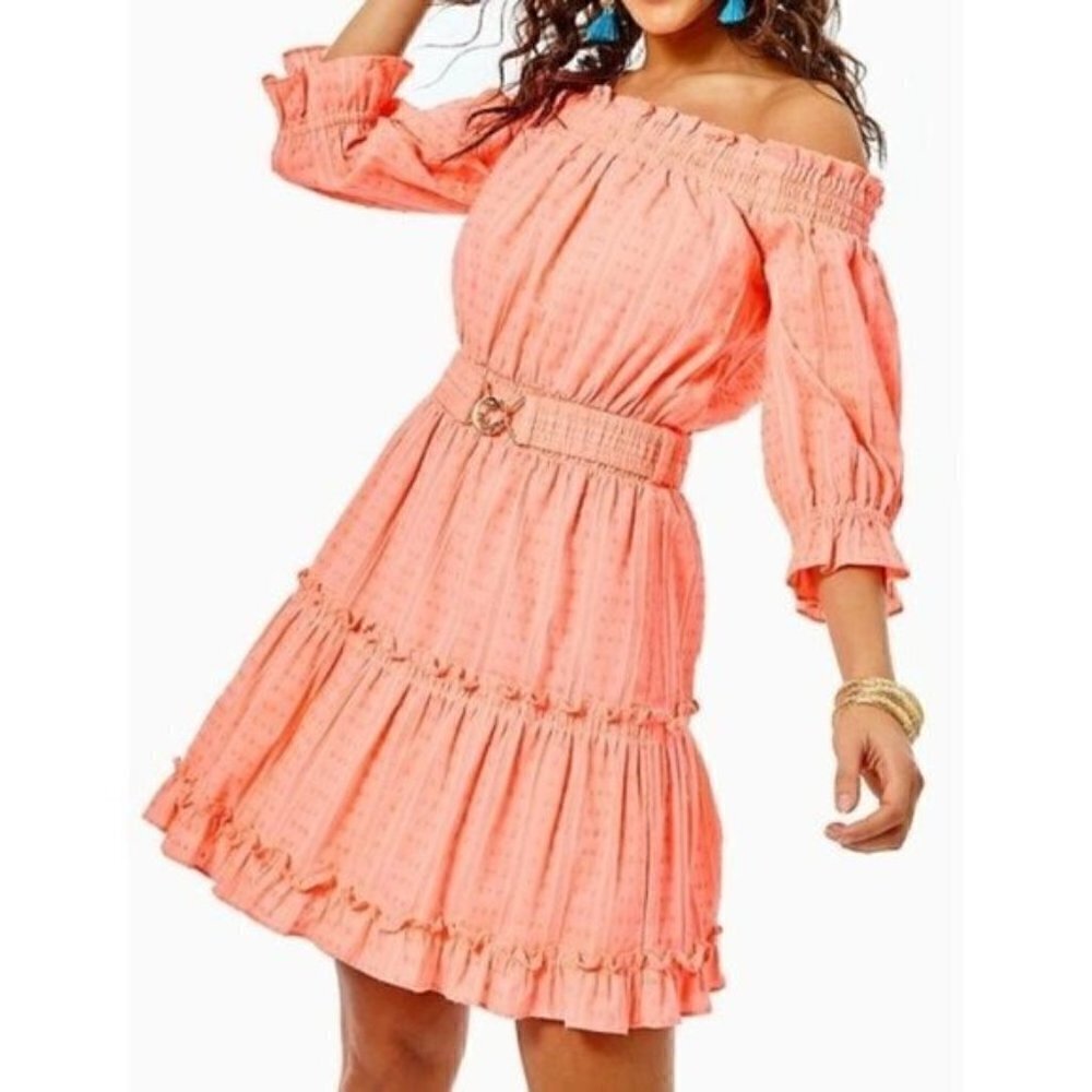 NWT Lilly Pulitzer Louisa Mini Dress Size Medium Off The Shoulder Orange